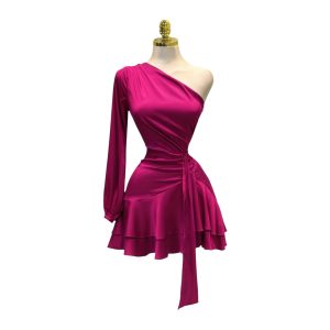 Vestido Fucsia Asimétrico Con Manga Larga