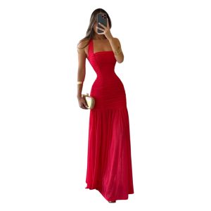 Vestido Rojo Largo Con Tirante Ancho