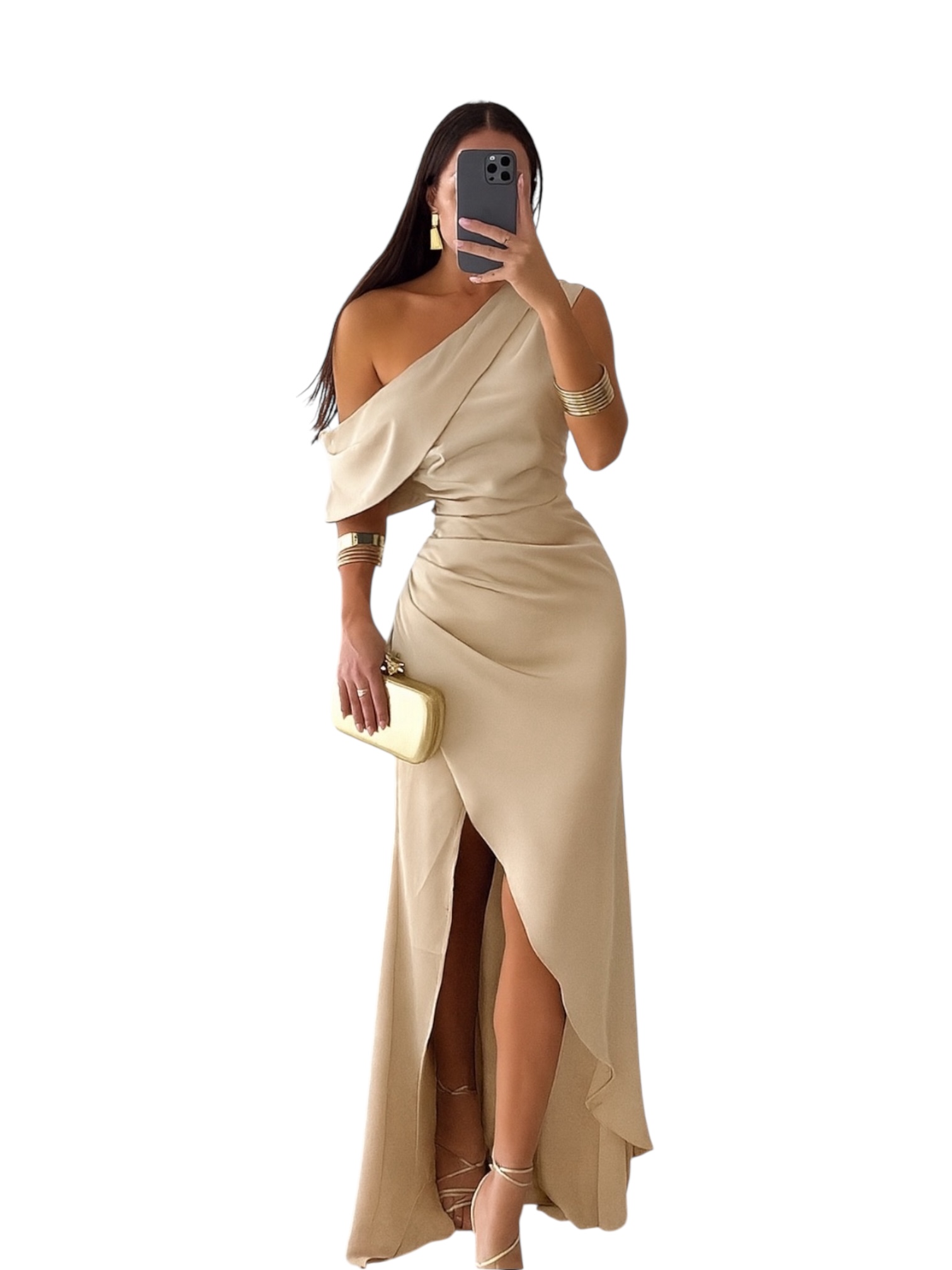 Vestido Champagne Con Hombro Descubierto - Image 2