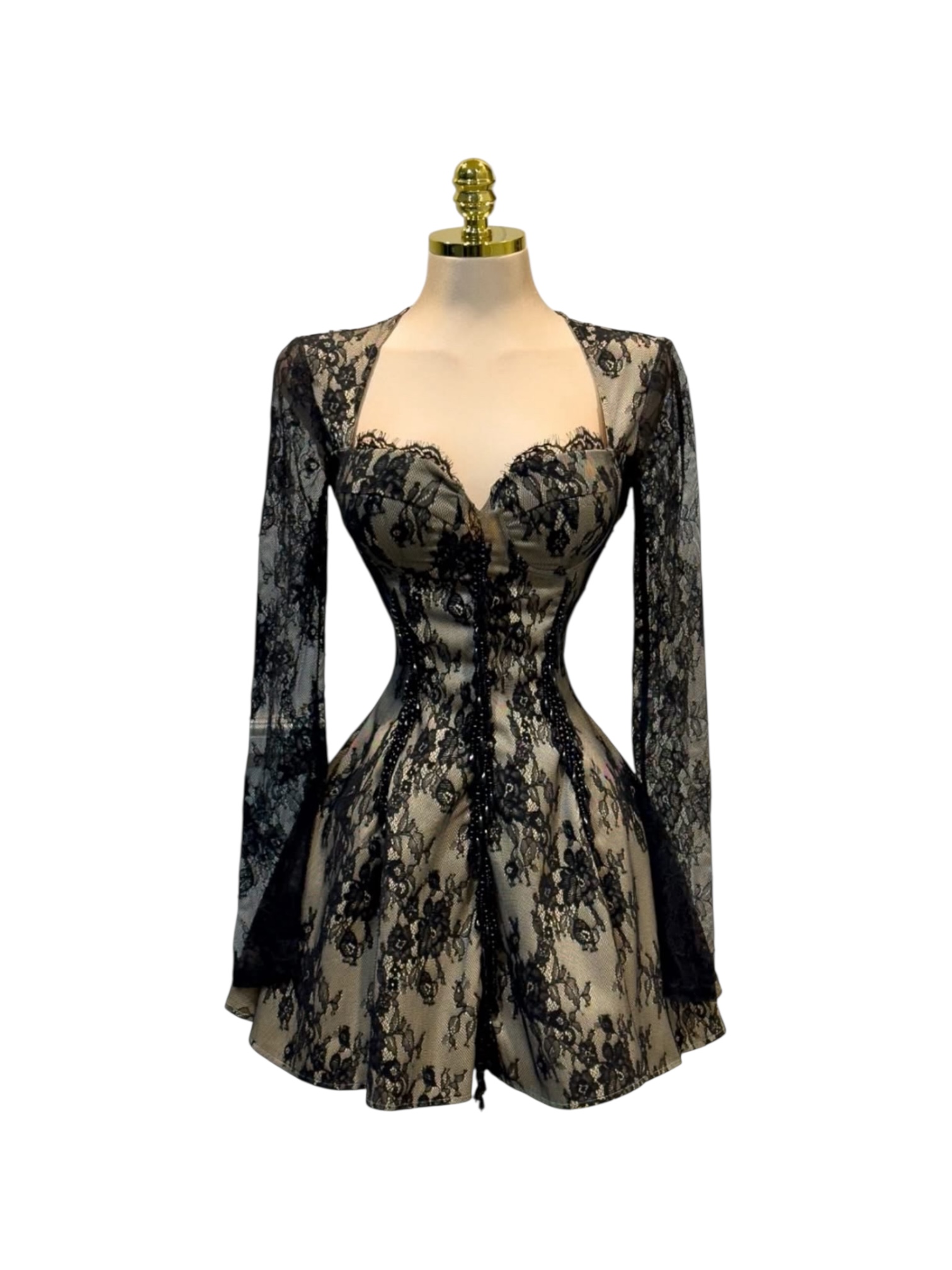 Vestido De Encaje Negro Con Fondo Beige Y Mangas Largas - Image 3