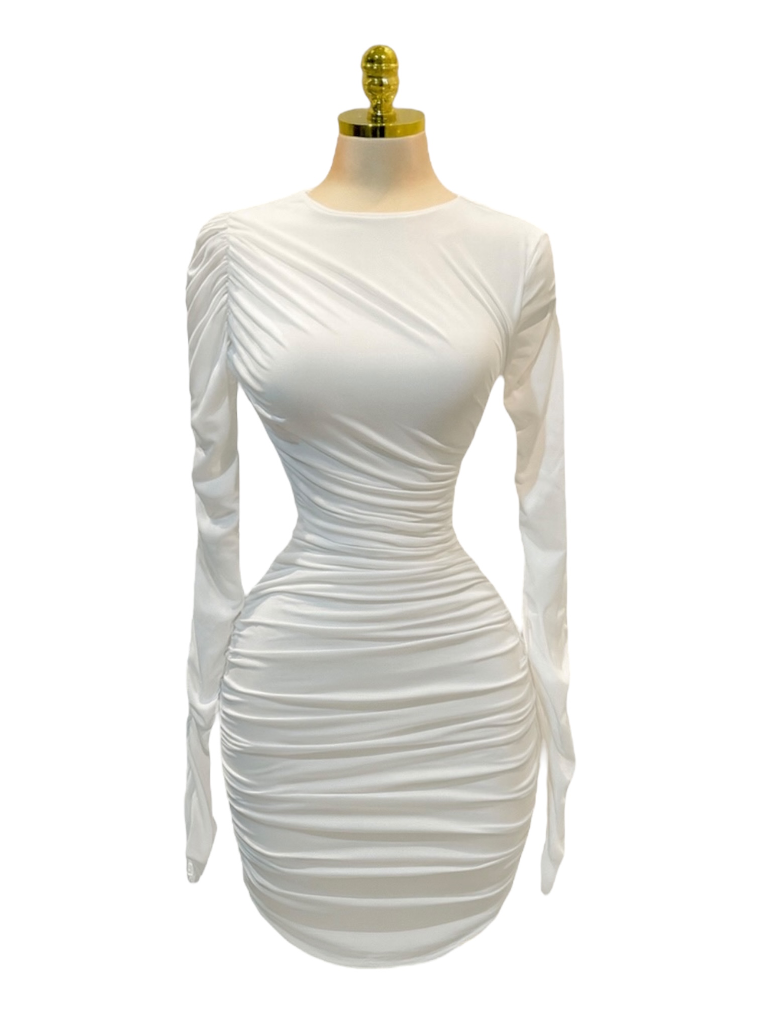 Vestido Blanco Corto De Manga Larga Con Drapeado - Image 2