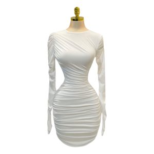 Vestido Blanco Corto De Manga Larga Con Drapeado