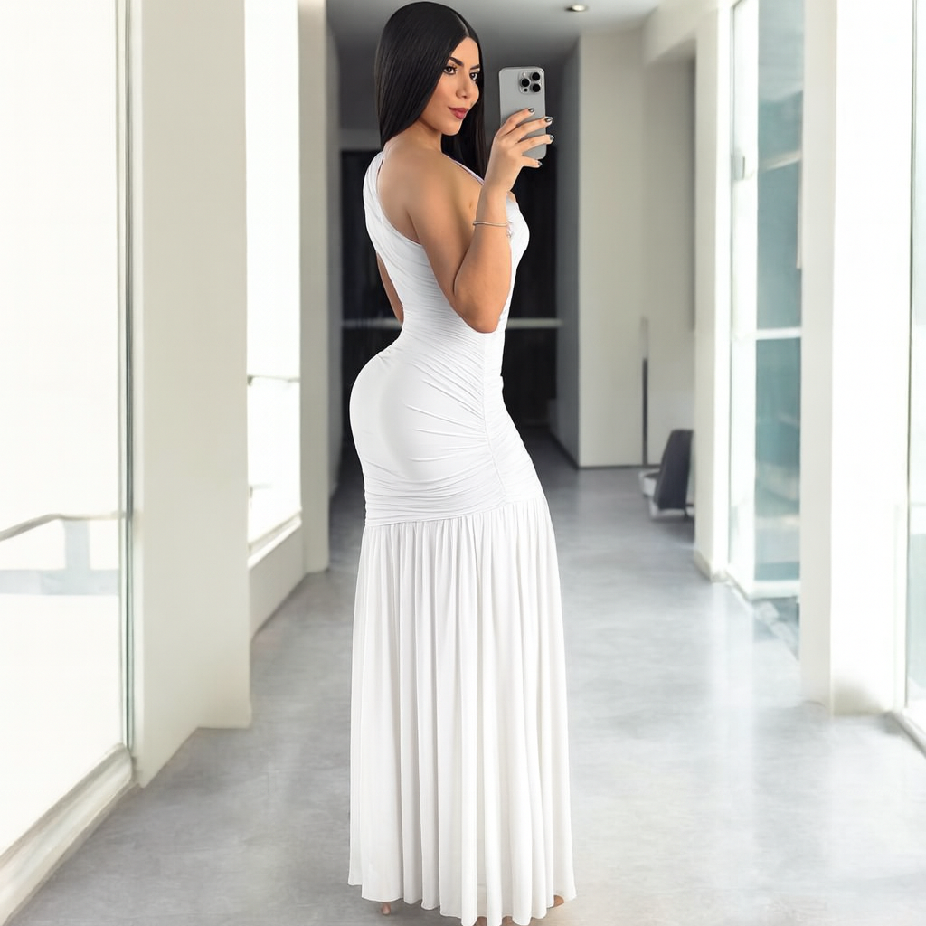 Vestido Blanco Largo De Un Hombro Con Drapeado - Image 4