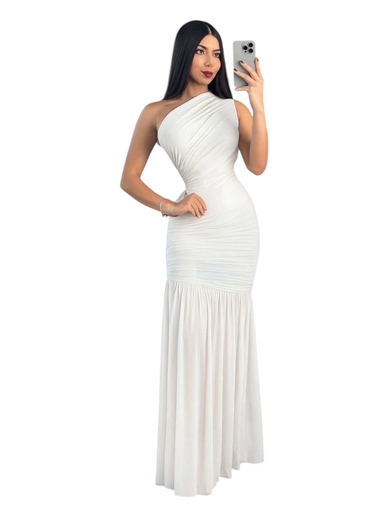 Vestido Blanco Largo De Un Hombro Con Drapeado - Image 2