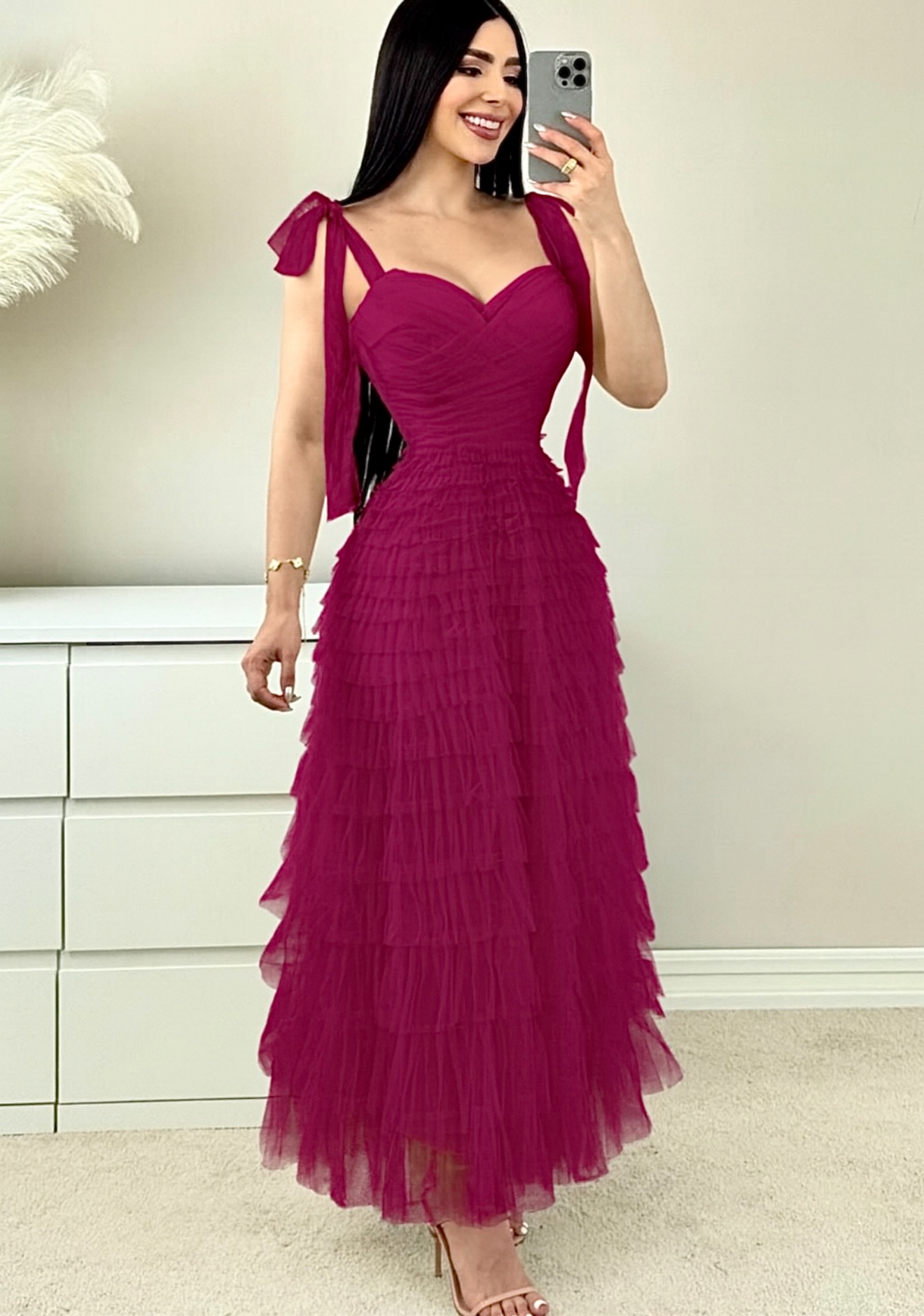 Vestido Fucsia De Tul Con Tirantes De Moño - Image 3