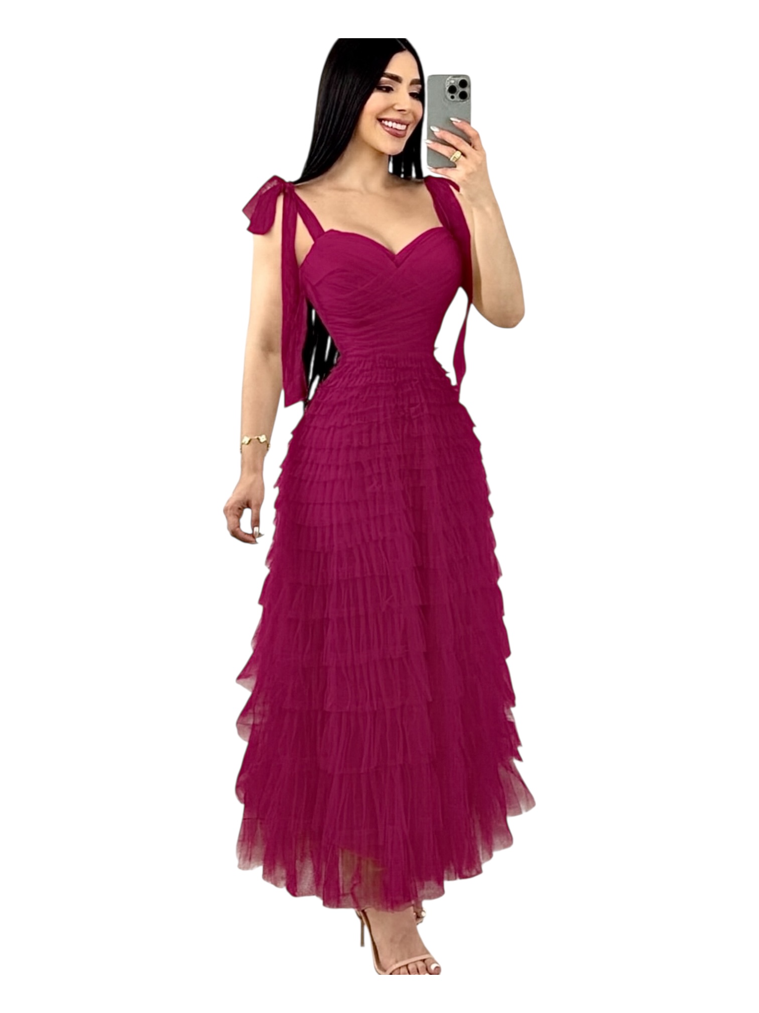 Vestido Fucsia De Tul Con Tirantes De Moño - Image 2