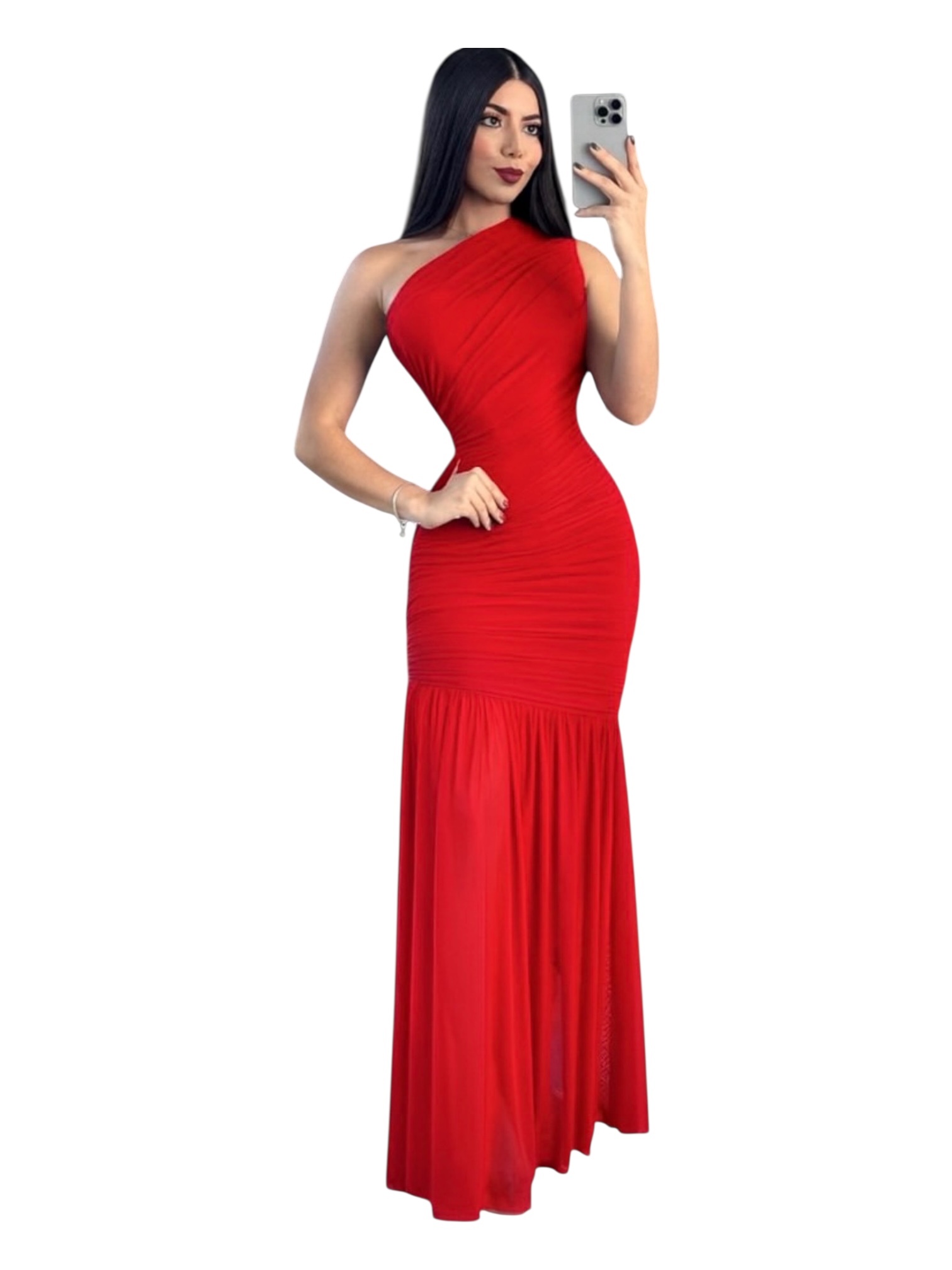 Vestido Rojo Largo De Un Hombro Con Drapeado - Image 3