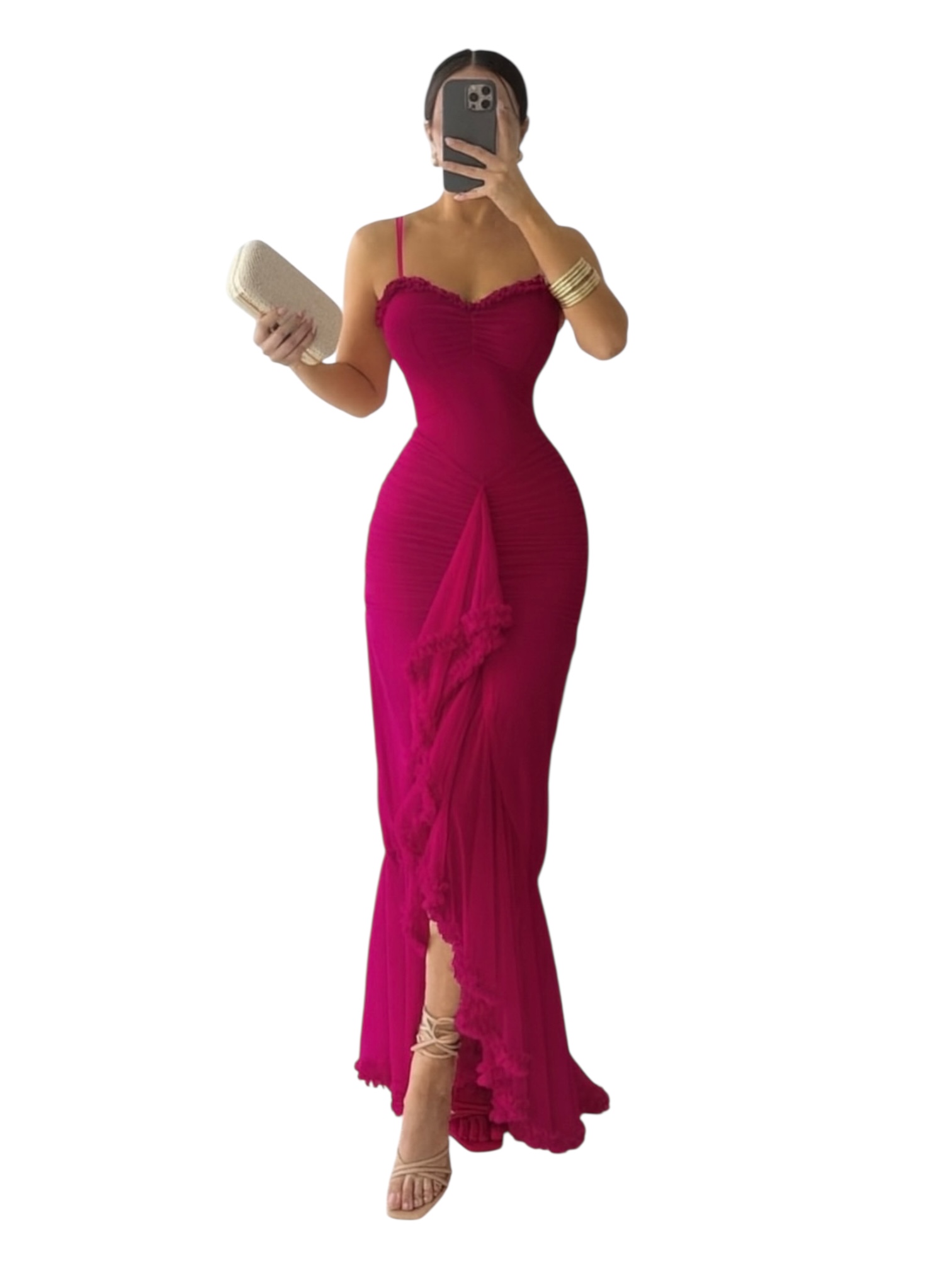 Vestido Fucsia Largo Con Drapeado - Image 3