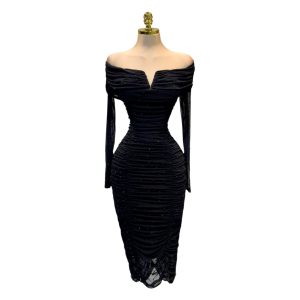 Vestido Negro Midi Con Perlas