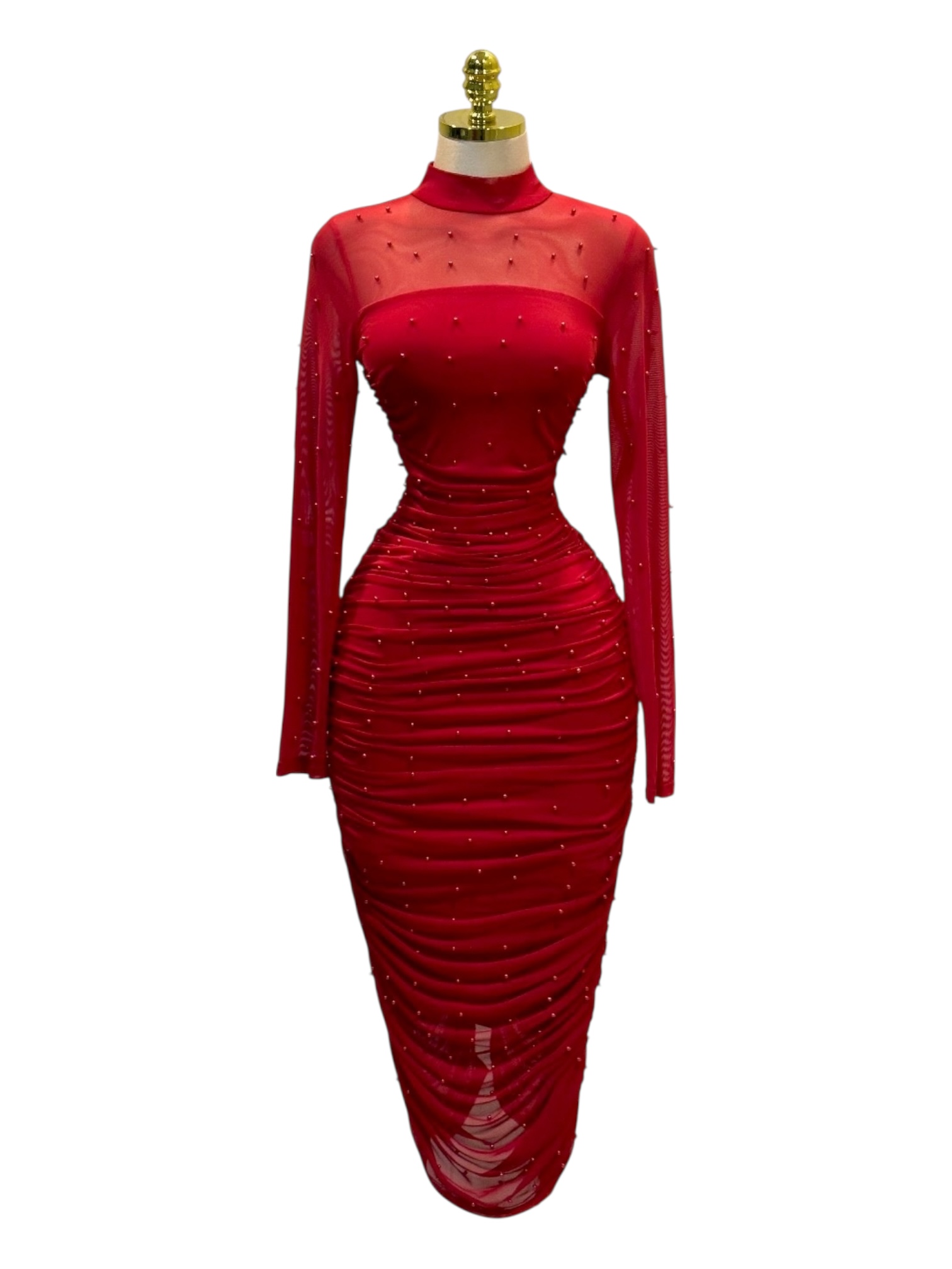 Vestido Rojo Con Manga Larga Y Perlas - Image 2