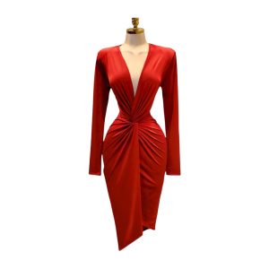 Vestido Rojo Midi Con Escote Profundo