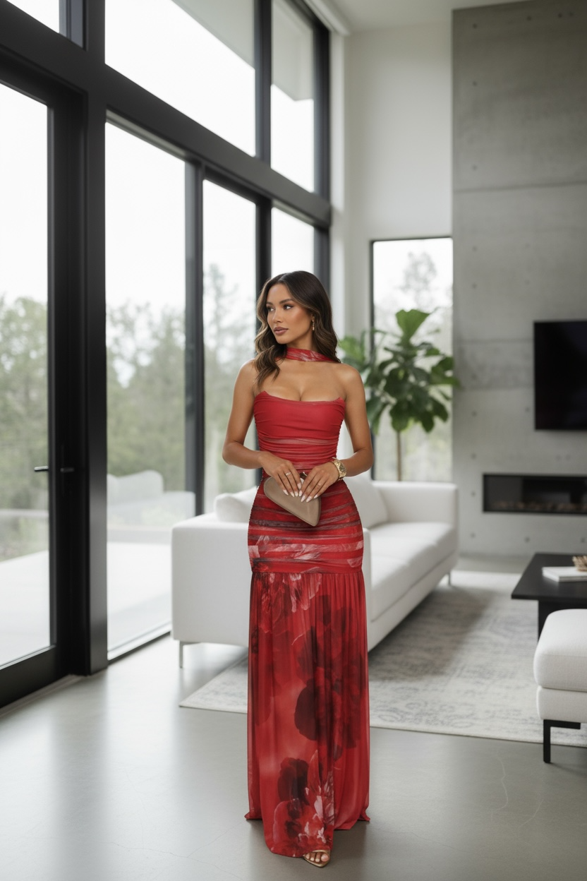 Vestido Rojo Estampado Con Escote - Image 4