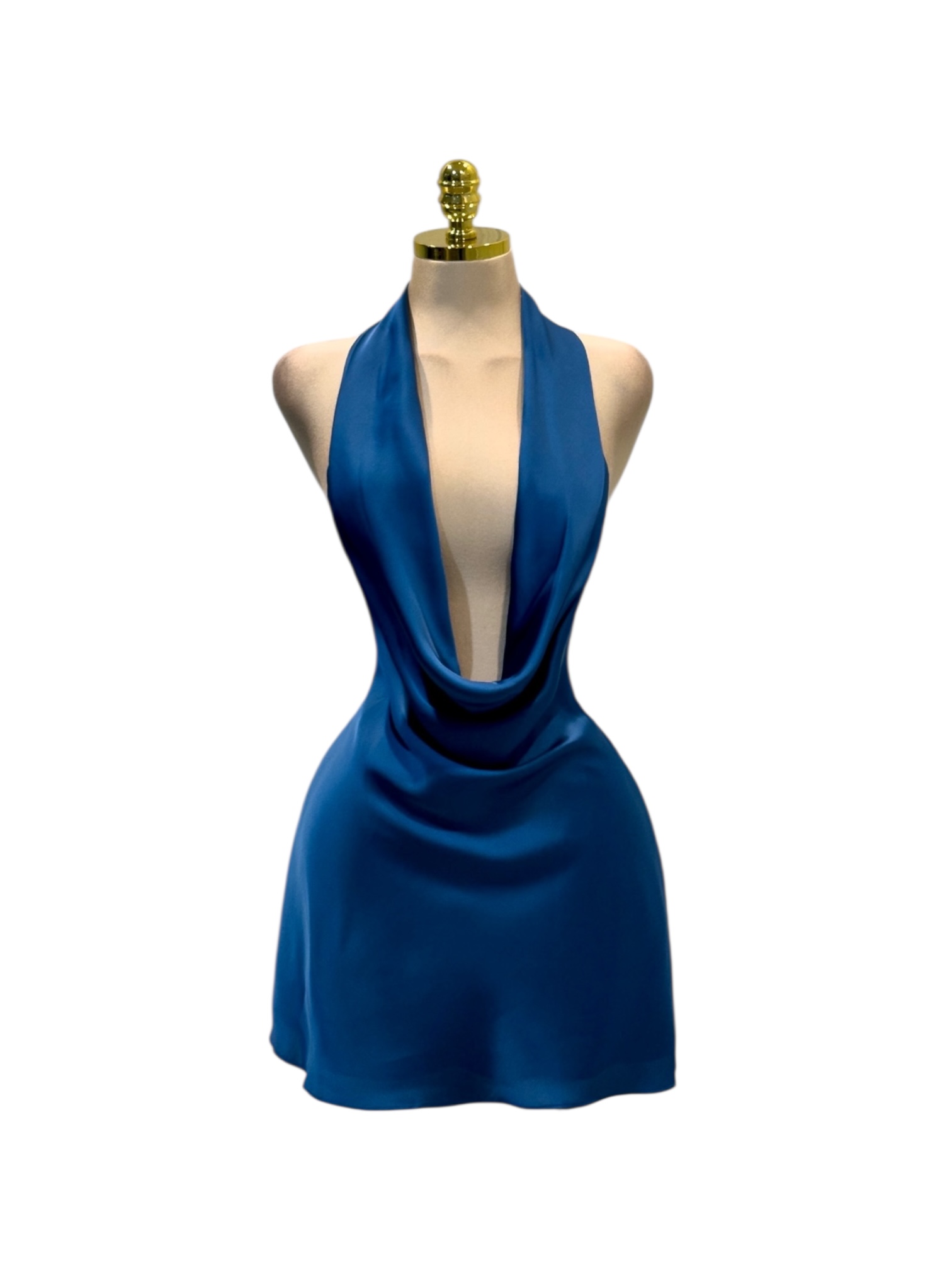 Vestido Corto Azul Satinado Con Escote - Image 2