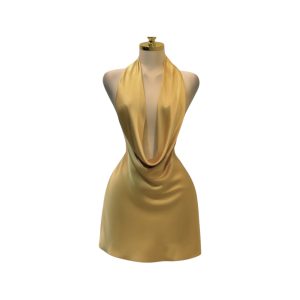 Vestido Corto Amarillo Satinado Con Escote