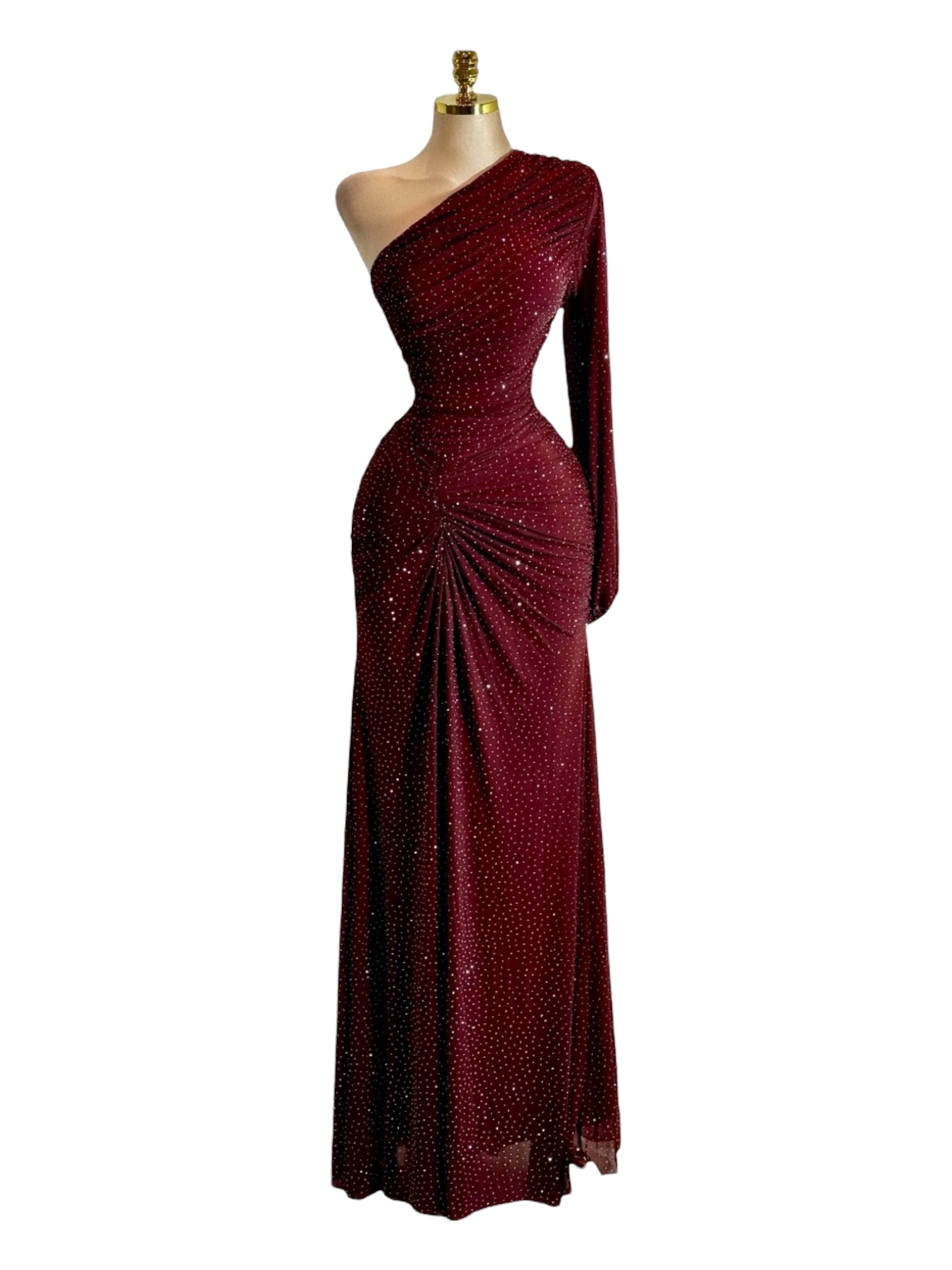 Vestido Vino Asimétrico Con Brillos y Drapeado - Image 2