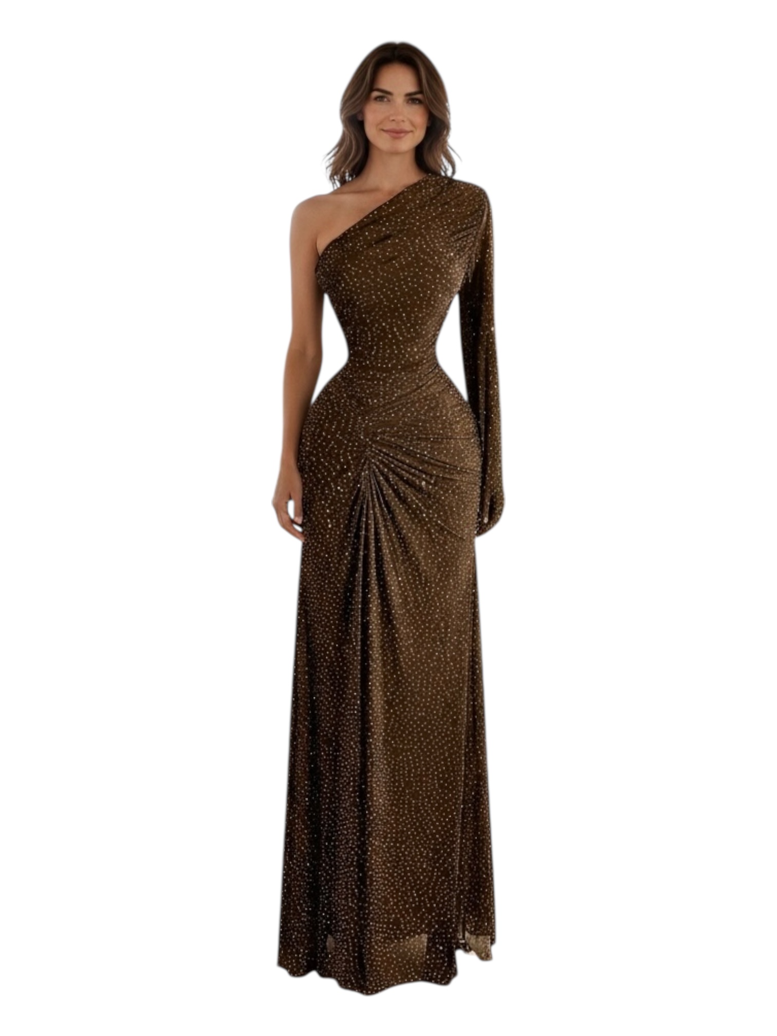 Vestido Cafe Con Piedras De Una Manga - Image 3