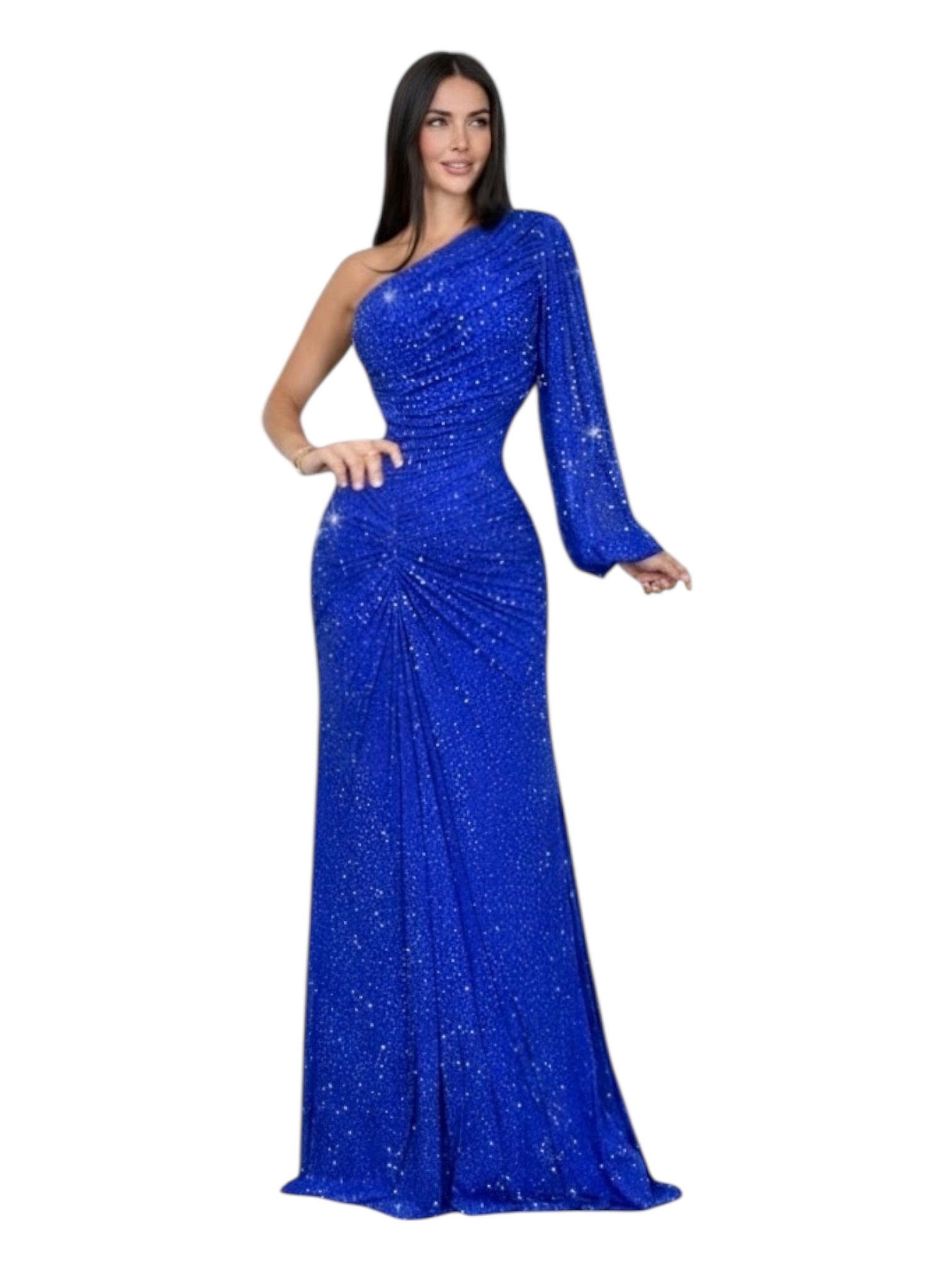 Vestido Azul Con Piedras De Una Manga - Image 3