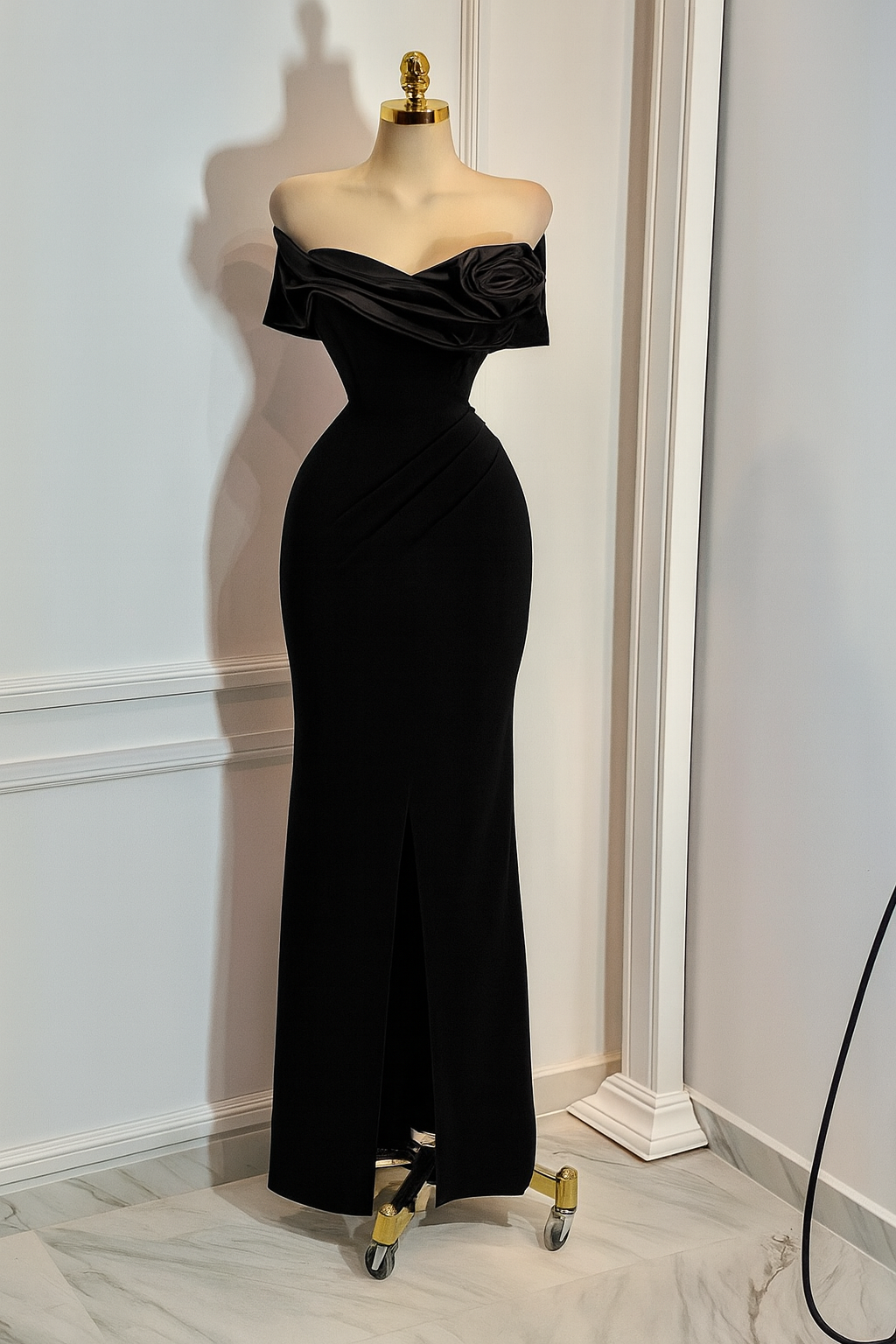 Vestido Negro Con Flor En El Pecho - Image 3