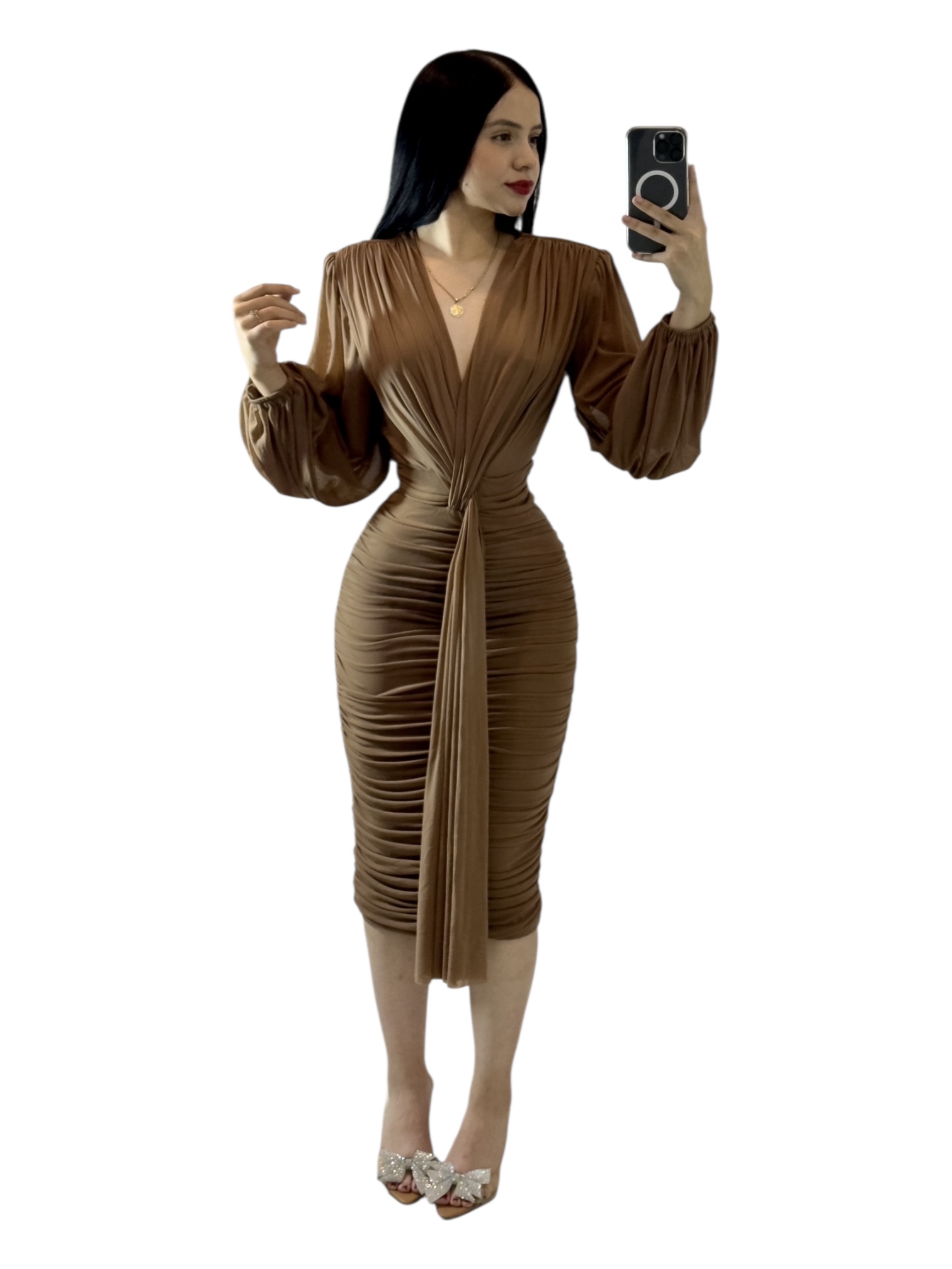 Vestido Color Moka De Manga Larga - Image 3