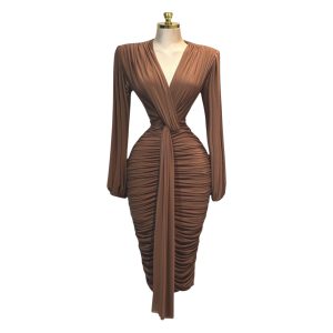 Vestido Color Moka De Manga Larga