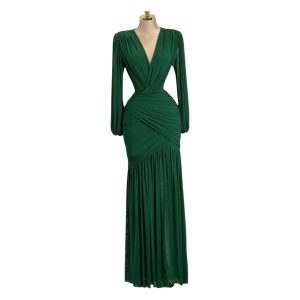 Vestido Verde De Manga Larga Con Fruncido