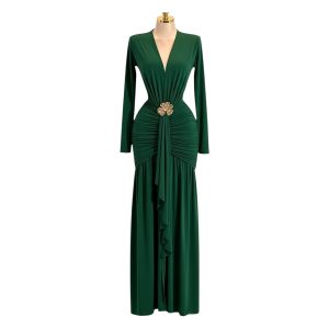 Vestido Verde Con Fruncido Central Y Flor Dorada