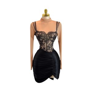 Vestido Mesh Nude Con Corset Negro y Falda Fruncida