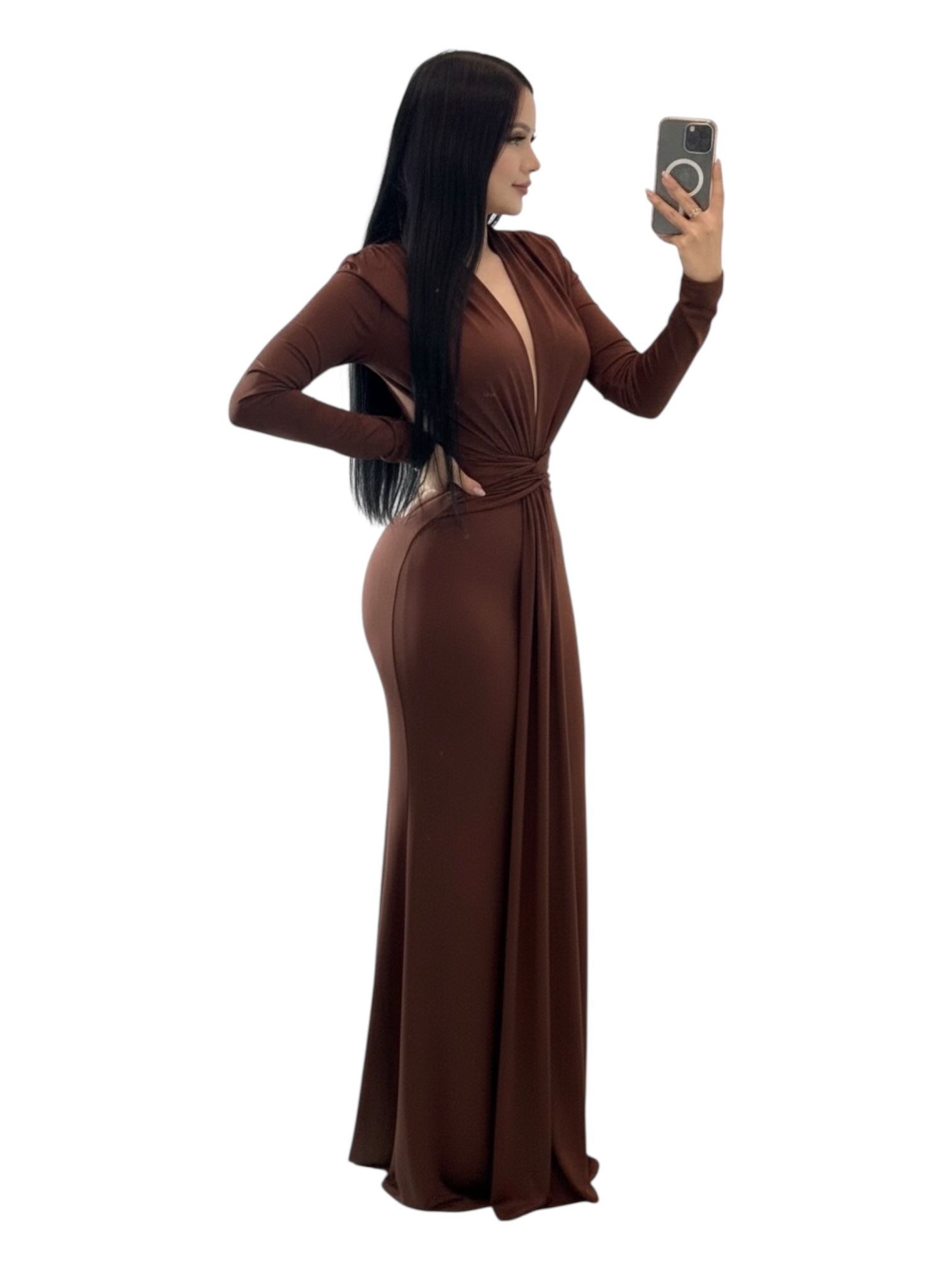 Vestido Largo Café Con Nudo Frontal Y Escote Profundo - Image 3