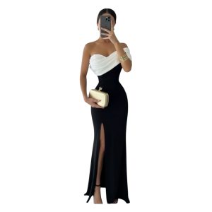 Vestido Largo Bicolor Blanco Y Negro Strapless Con Abertura Frontal