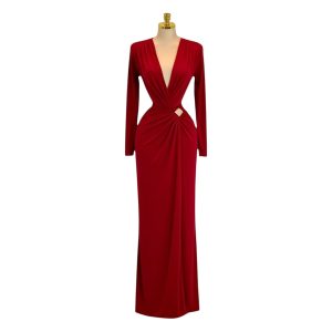 Vestido Largo Rojo De Manga Larga Con Escote Profundo Y Fruncido Central