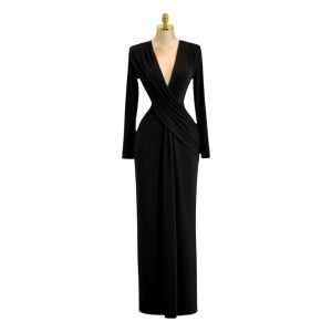 Vestido Largo Negro De Manga Larga Con Escote Cruzado Y Caída Elegante