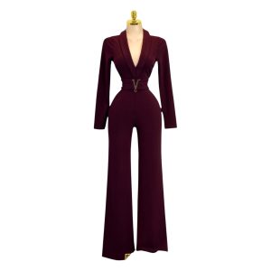 Palazzo Largo Vino Tipo Sastre Con Escote Profundo Y Cinturón Metálico