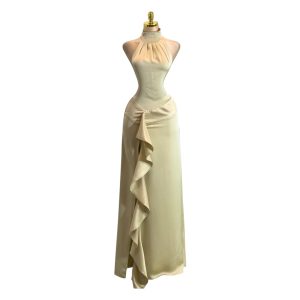 Vestido Largo Champagne Con Cuello Alto
