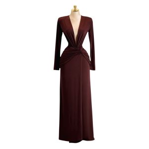 Vestido Largo Cafe Con Escote Profundo Drapeado