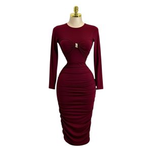 Vestido Midi Vino Con Manga Larga Y Fruncido Central