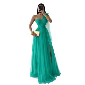 Vestido Verde Turquesa De Tul Con Escote Asimétrico Y Caída Vaporosa