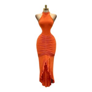 Vestido Naranja Coral Halter Fruncido Con Volantes