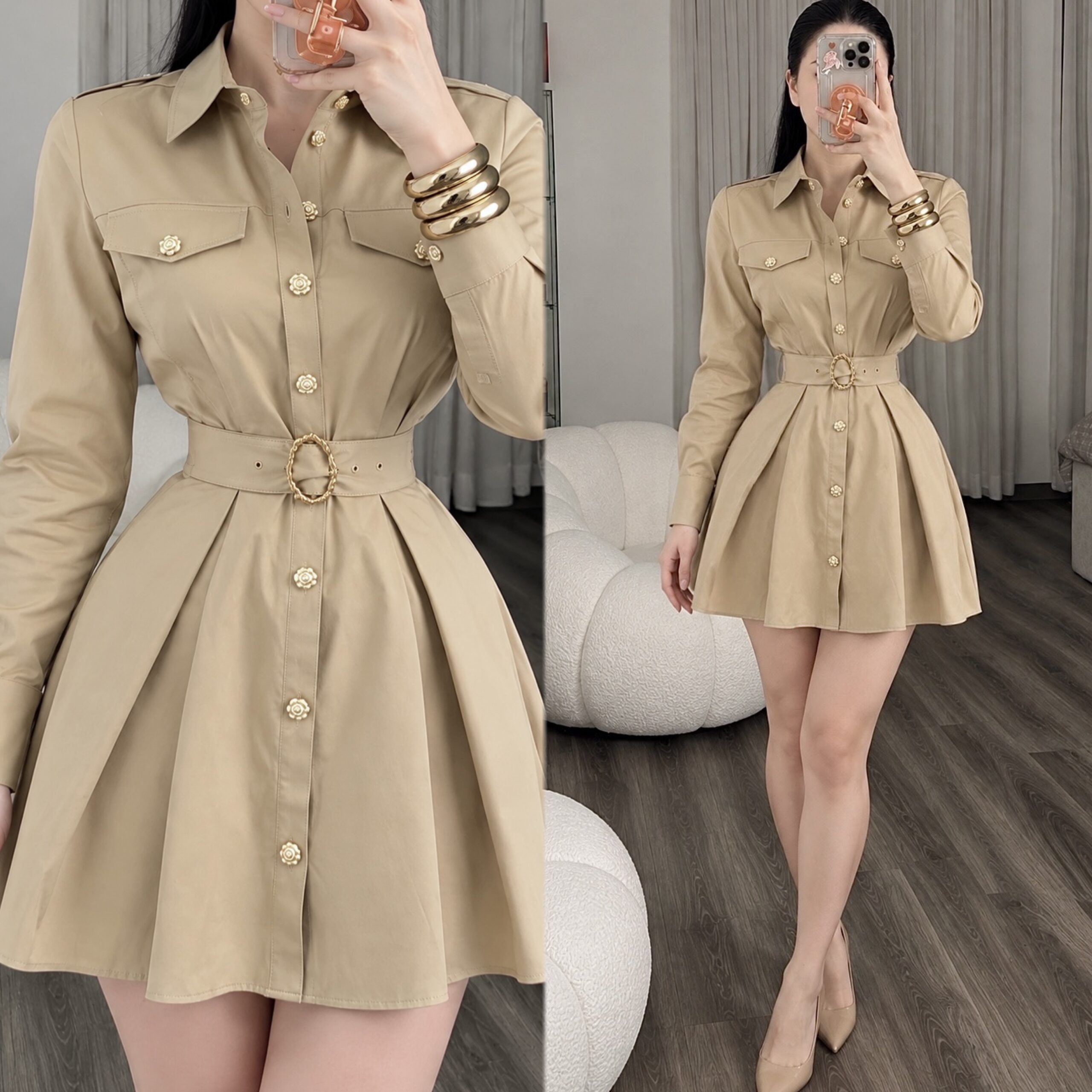 Vestido Beige Tipo Camisero Con Cinturón - Image 4
