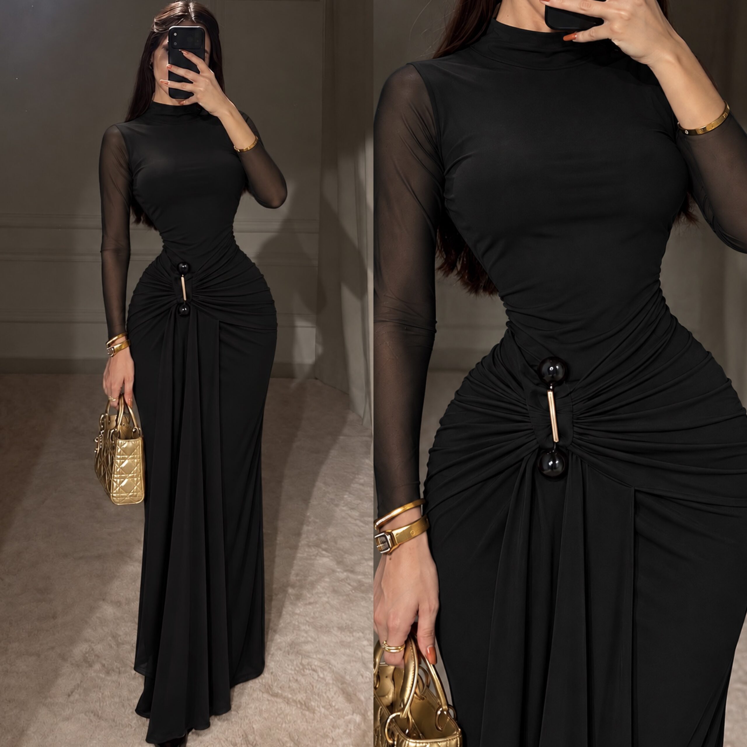 Vestido Negro De Cuello Alto Con Fruncido Y Detalle Metálico - Image 4