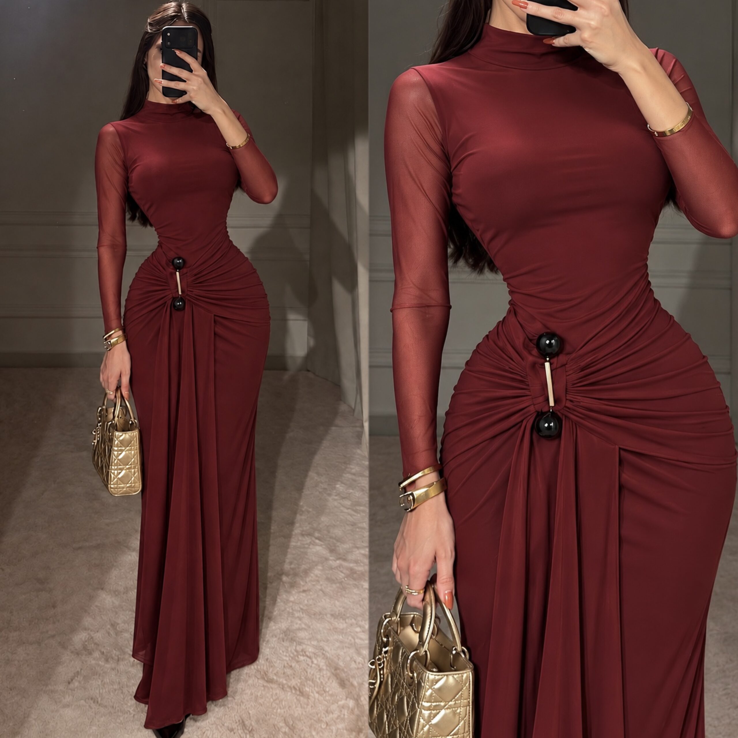 Vestido Vino De Cuello Alto Con Fruncido Y Detalle Metálico - Image 4