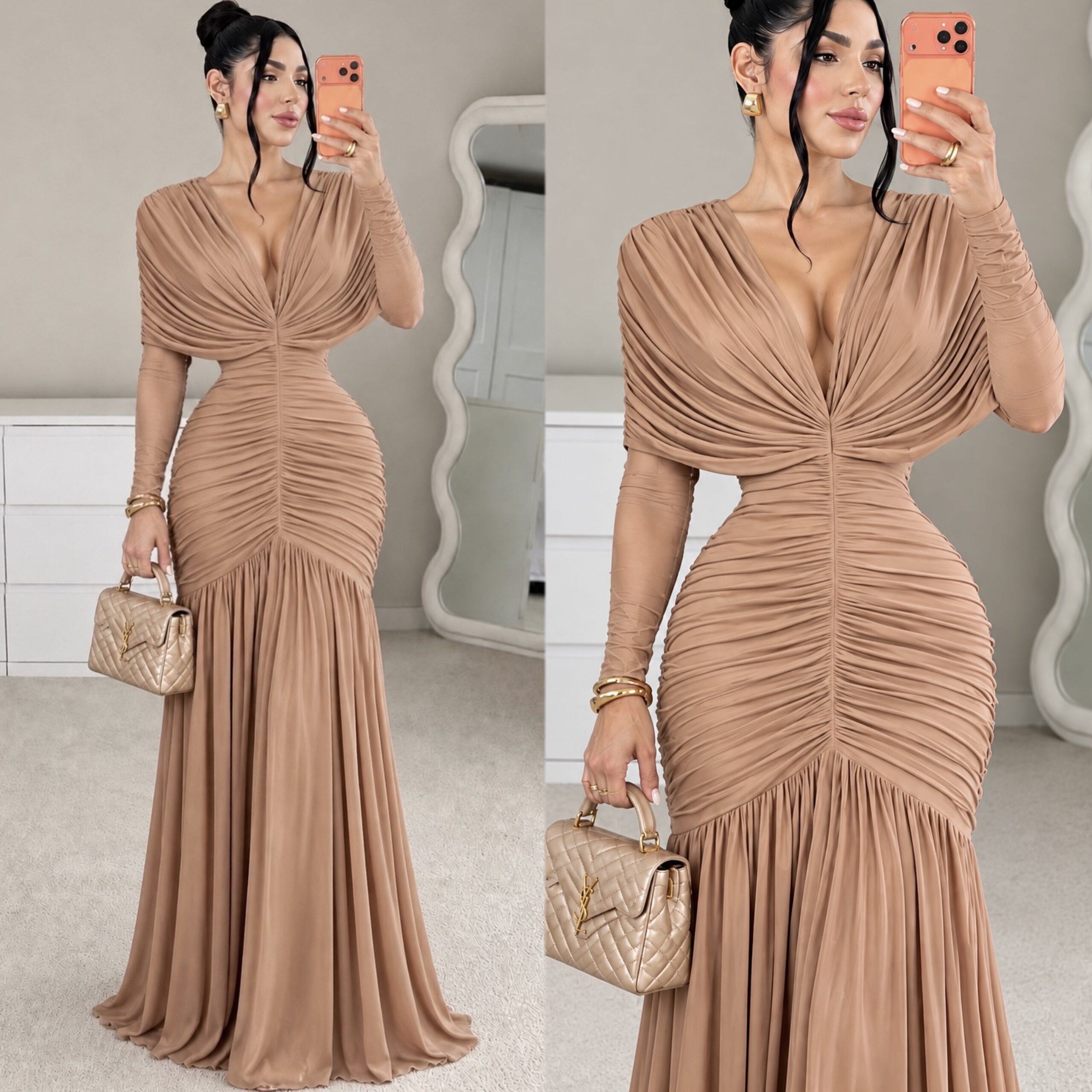 Vestido Nude Largo Con Escote Profundo, Fruncido Y Falda Sirena - Image 3