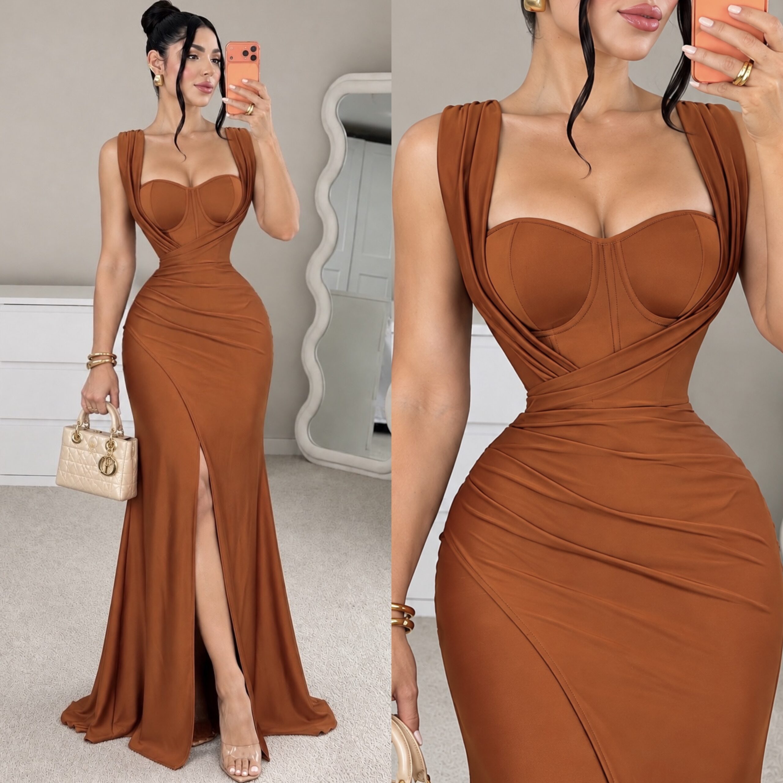 Vestido Terracota Largo Con Corsé, Tirantes Anchos Y Abertura - Image 4