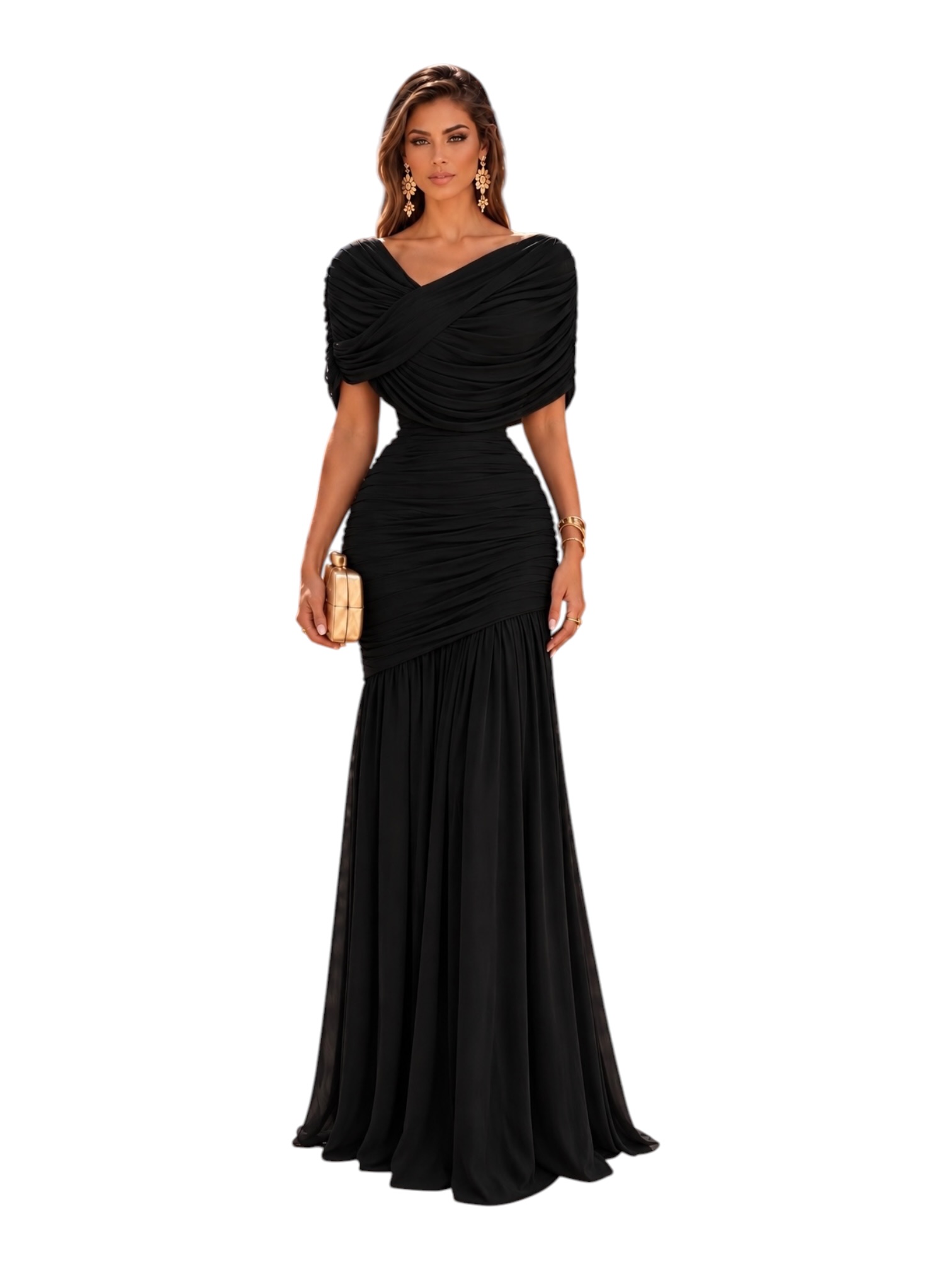 Vestido Negro Largo Con Escote Cruzado, Fruncido Y Falda Sirena - Image 2