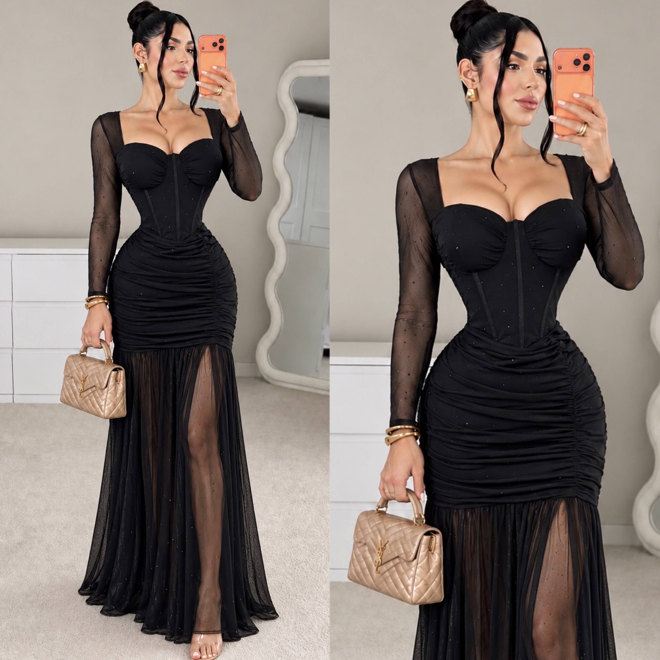 Vestido Negro Con Corsé Mangas Transparentes Y Falda De Tul - Image 3