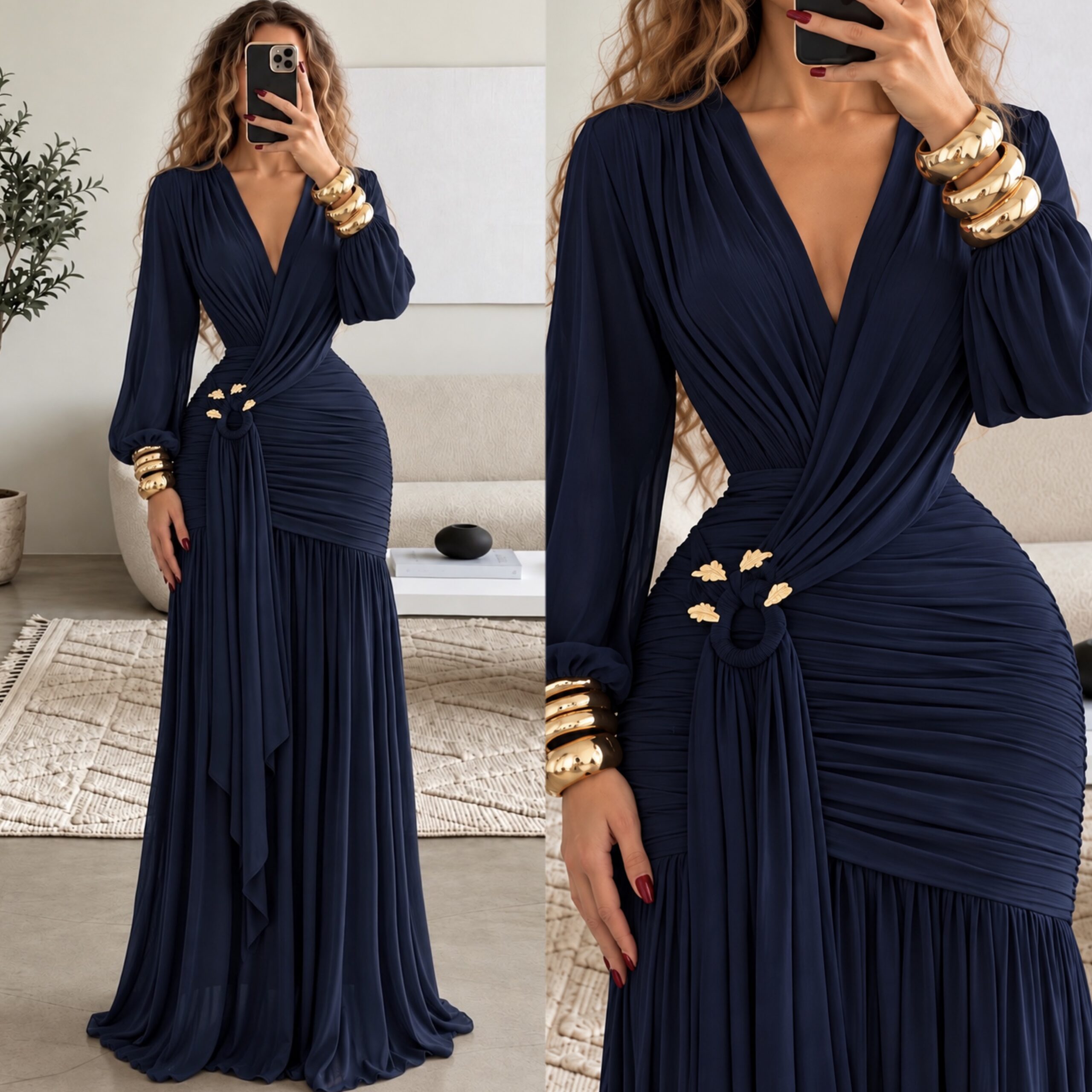 Vestido Azul Marino Con Escote Profundo Manga Larga Y Fruncido - Image 3