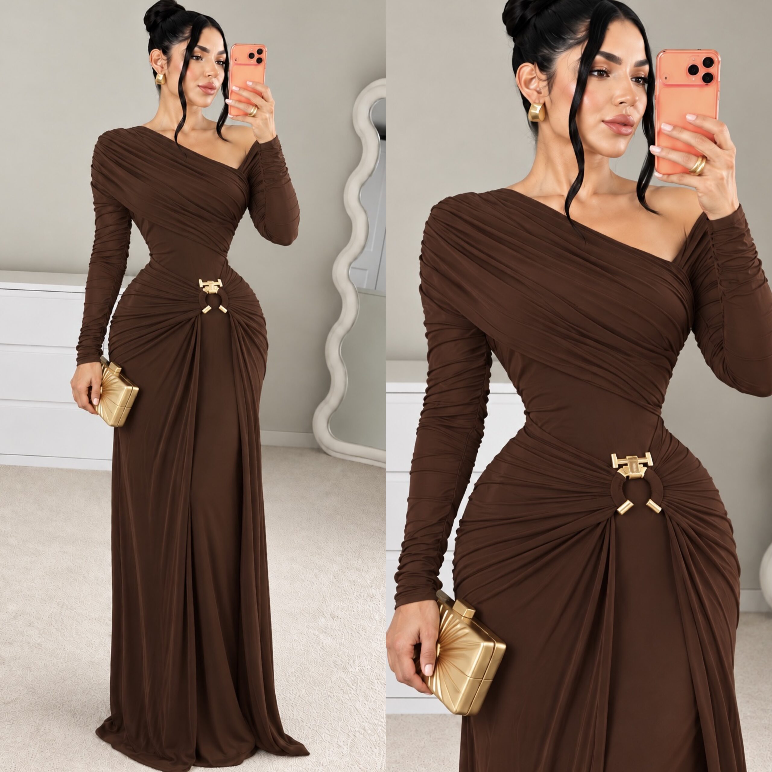 Vestido Café Asimétrico Con Manga Larga Fruncido Y Detalle Metálico - Image 4