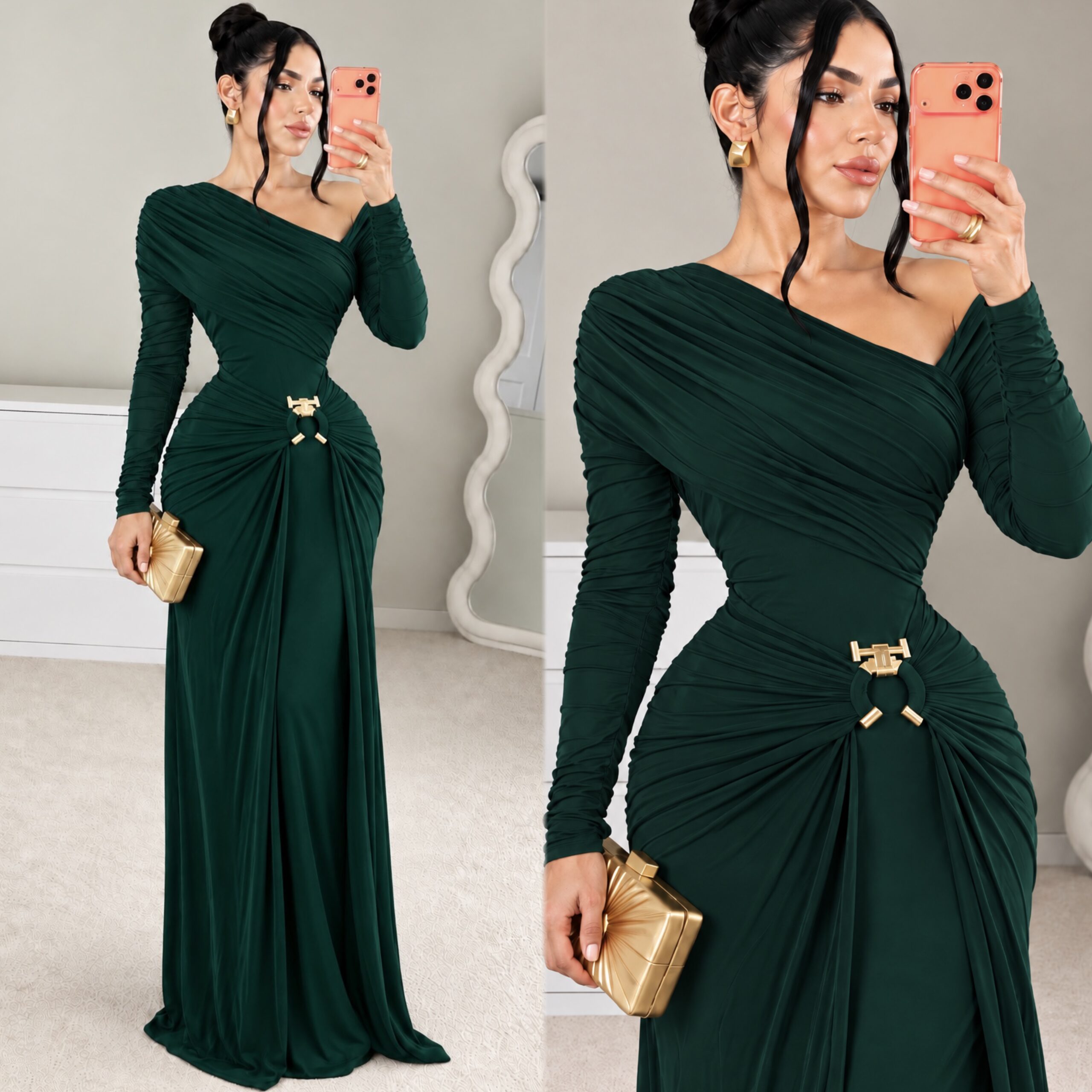 Vestido Verde Esmeralda Asimétrico Con Manga Larga Y Detalle Metálico - Image 4